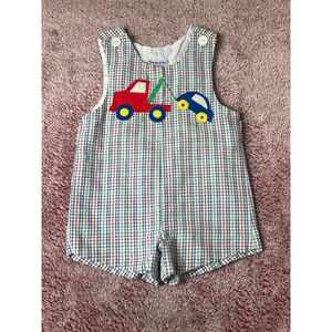Boys Samara jon Jon short all 3T White Blue Plaid with Truck Applique